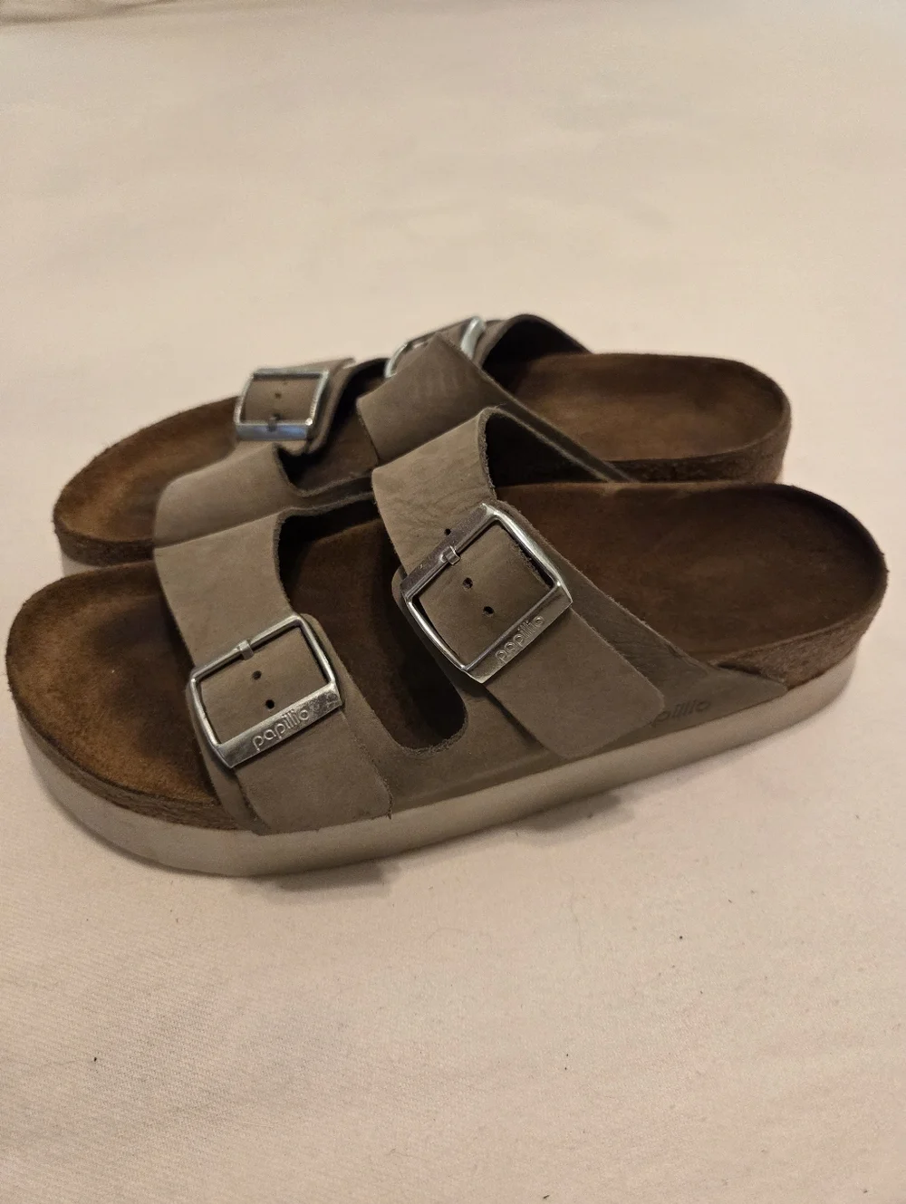 PAPILLIO By‎ BIRKENSTOCK Arizona Grey/Green Leather Two Strap Platform Sandal 40